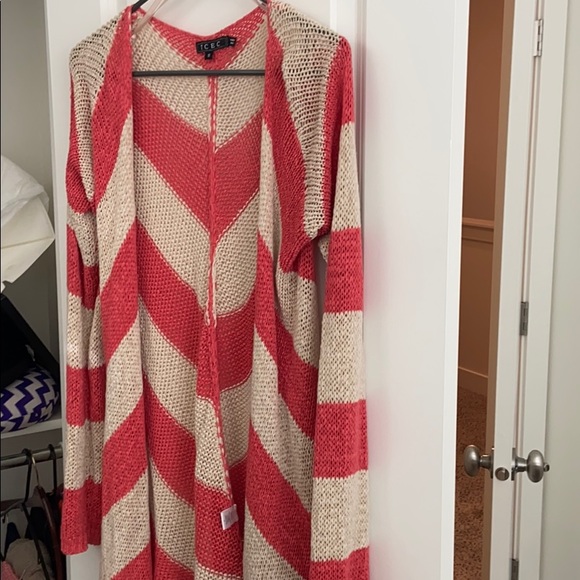 TCEC stripe knit open cardigan coral cream size S - Picture 3 of 5